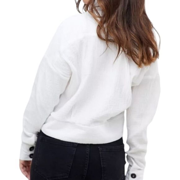 Free People Sun Streaks Top Womens Small White Boxy Gauzy Tie Front Button Up - Picture 3 of 12